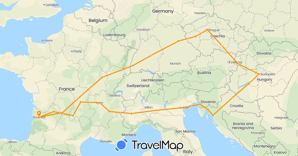 TravelMap itinerary: driving, hitchhiking in Czech Republic, Germany, France, Croatia, Hungary, Italy, Slovakia (Europe)